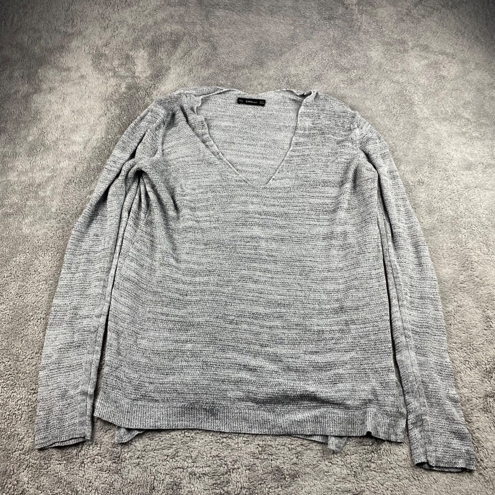 Zara Knit Pullover V-Neck Long Sleeve Sweater Womens Medium Gray Long Sleeve